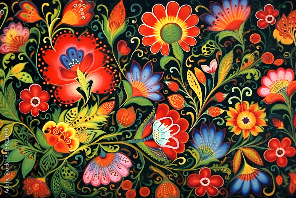 A painting of flowers and birds on a black background. Generative AI. Polish folk art.