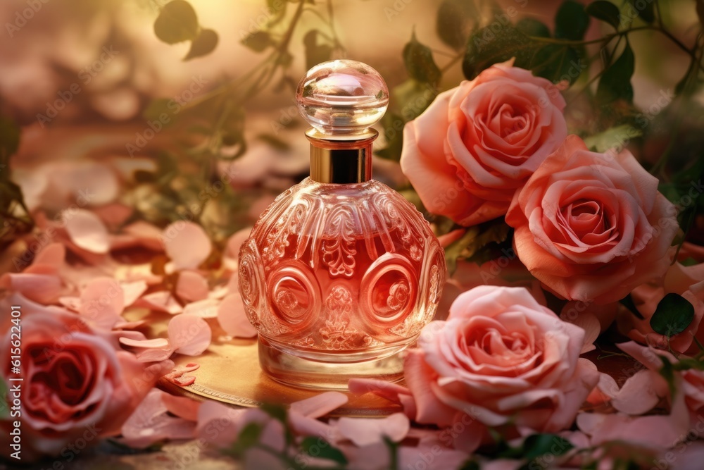 bottle of perfume on a background of pink roses. AI generated bottle of perfume on a background of pink roses. AI generated