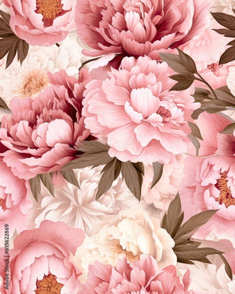 peonies illustration - seamless digital pattern for textiles, fabrics, souvenirs, packaging. AI generated