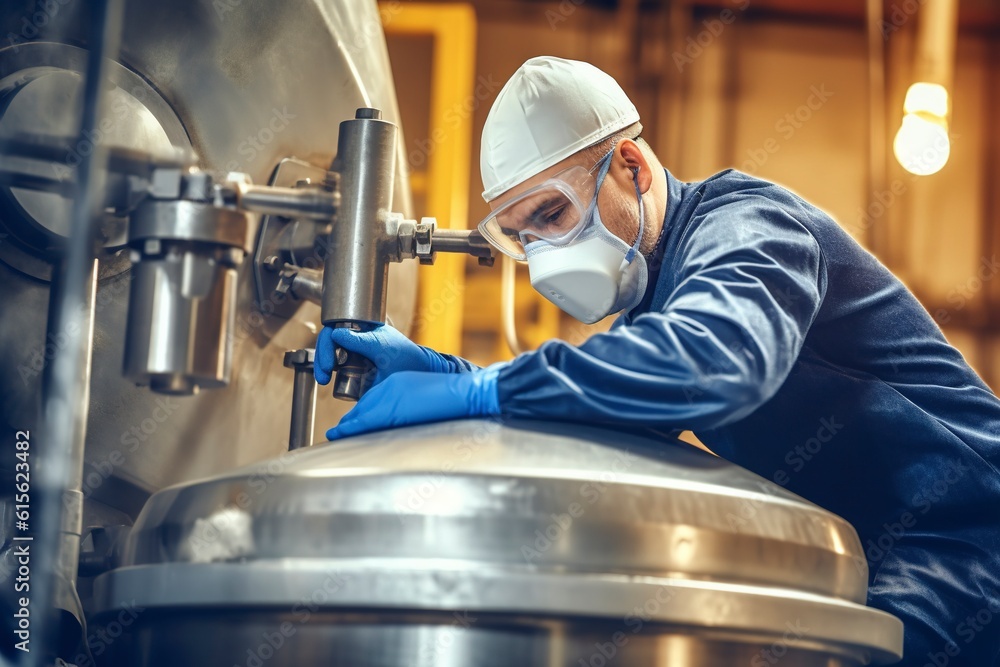 An operator manipulates the pressure valve of a large industrial cooker.