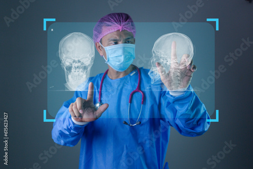 A Doctor, healthcare or futuristic skull scan in brain cancer, injury or fracture analytics in night hospital planning. Medicine, future or hologram xray of skeleton on abstract head for thinking man.