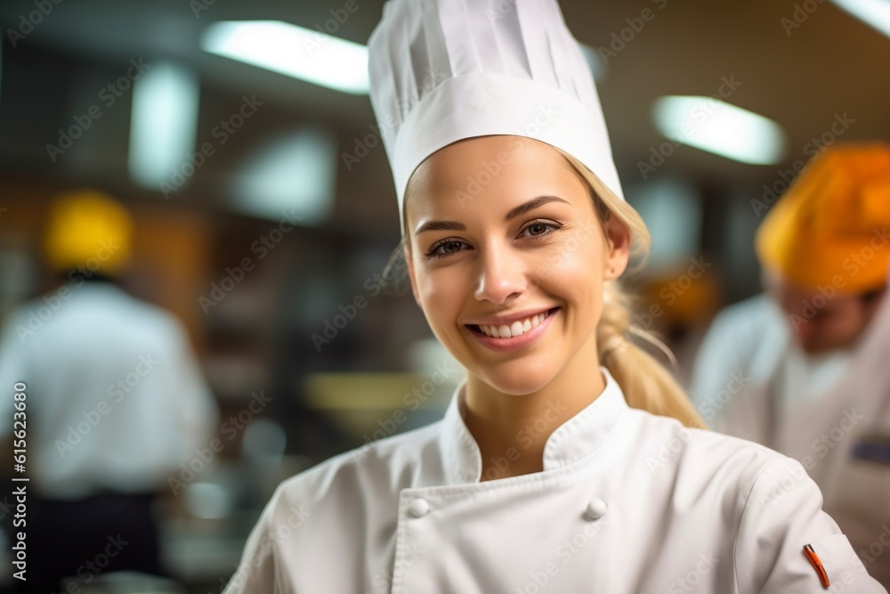 A young female chef smiles at the camera. A young female chef smiles at the camera.