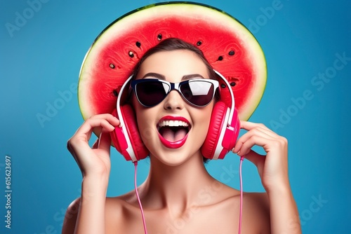 A young model plays with watermelon-shaped headphones, in the summer. photo