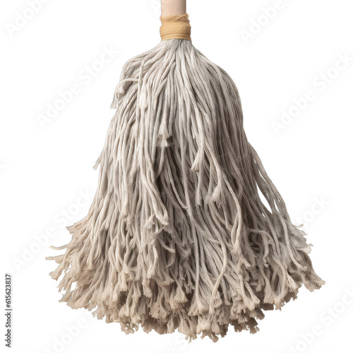 A white mop with a wooden handle on a transparent background png isolated Generative Ai