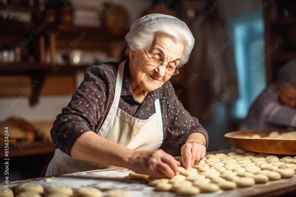 Granny prepares cupcakes in the kitchen.
