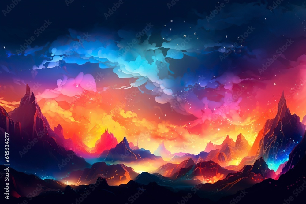 Landscape designed with vibrant neon colors, abstract and dreamy design. Ai generated.