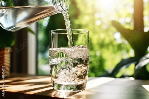 Fresh water filling a glass, hydration in summer.