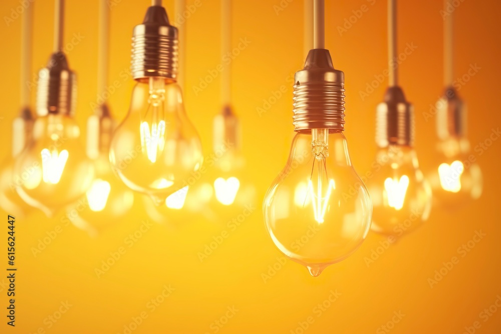 Several hanging light bulbs lit , flat orange background with copy space. Ai generated. Several hanging light bulbs lit , flat orange background with copy space. Ai generated.