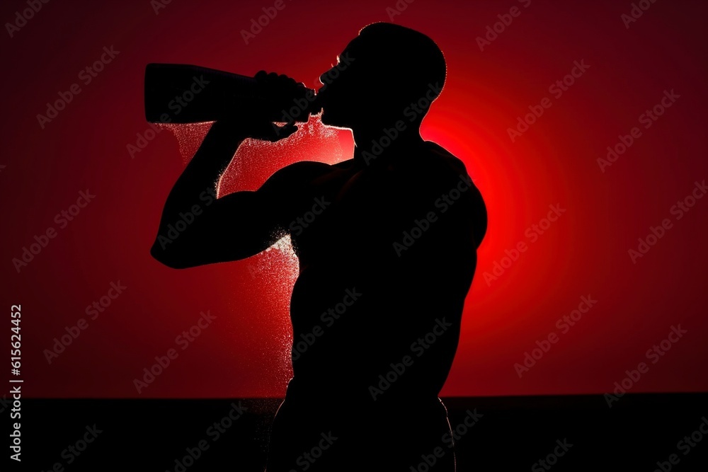 Silhouette of an athlete man hydrating after exercising, backlit in studio. Ai generated.
