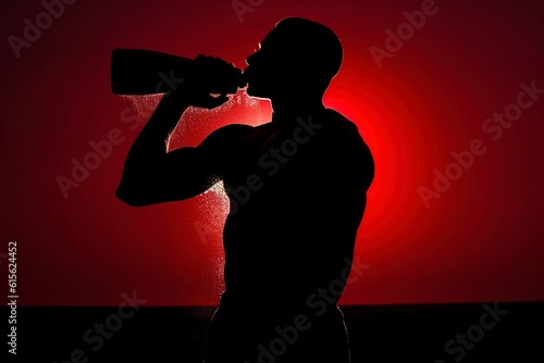 Silhouette of an athlete man hydrating after exercising, backlit in studio. Ai generated.