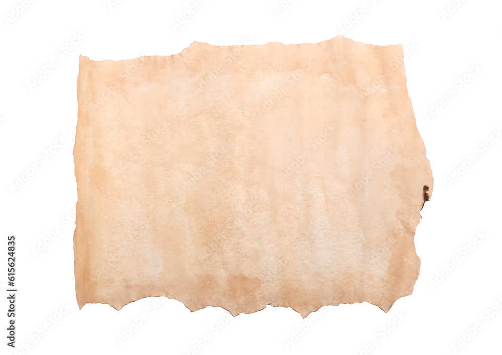 Blank sheet of old parchment paper on white background, top view