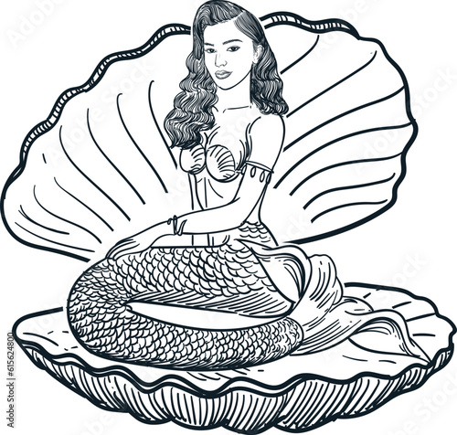 Vintage hand drawn sketch mermaid in shell