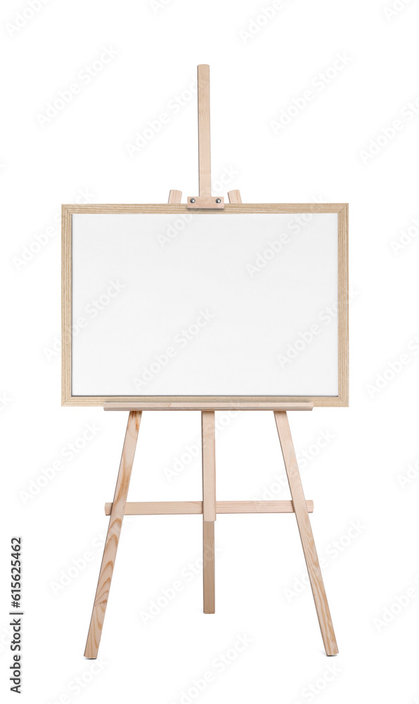Wooden easel with blank canvas on white background. Mockup for design Wooden easel with blank canvas on white background. Mockup for design