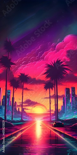 Beautiful 80s retrowave painting poster. Synthwave background. Printable wallpaper