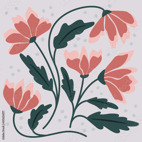 Botaniczna boho kompozycja z czerwonymi kwiatami i zielonymi listkami. Minimalistyczny styl. Ilustracja wektorowa.