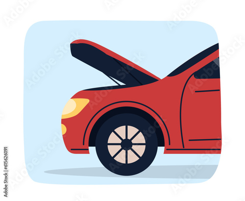 Red car with open hood concept
