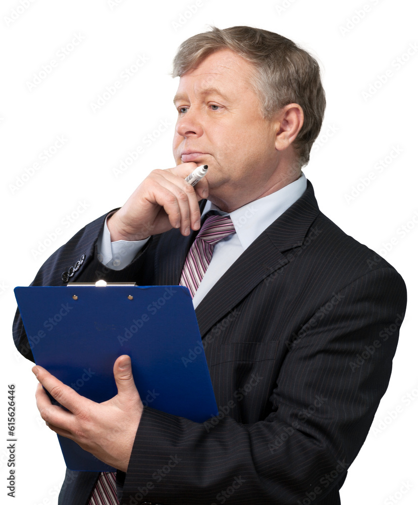 Business man thinking with clipboard