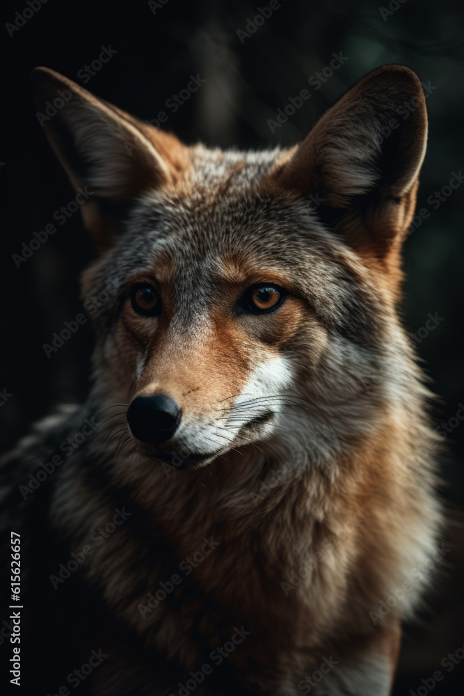 Fototapeta premium Portrait of Coyote Dramatic and Cinematic Lighting Photography, Generative AI