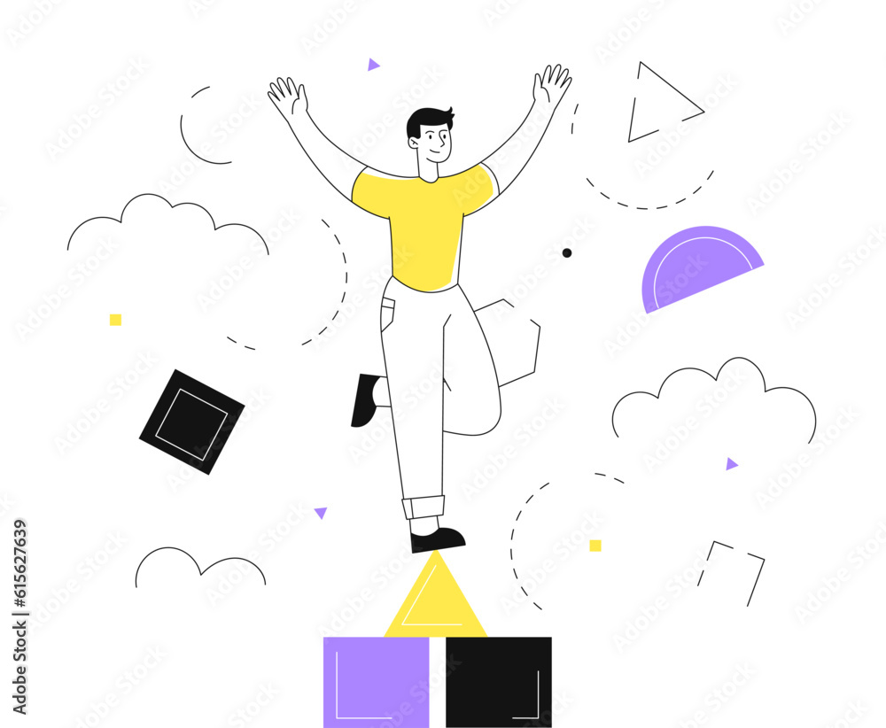 Man balancing on geometric figures line concept Man balancing on geometric figures line concept