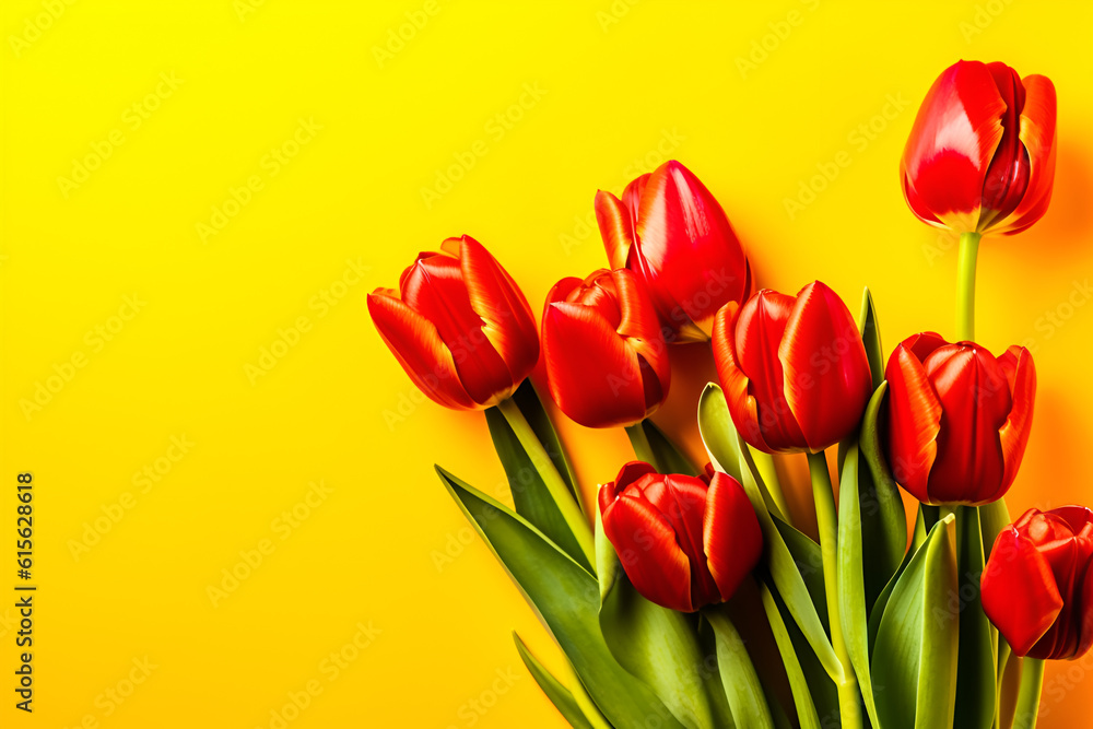 Orange tulips over yellow surface, easter. birthday, mother day greeting card concept with copy space. top view, flat lay. for banner Orange tulips over yellow surface, easter. birthday, mother day greeting card concept with copy space. top view, flat lay. for banner