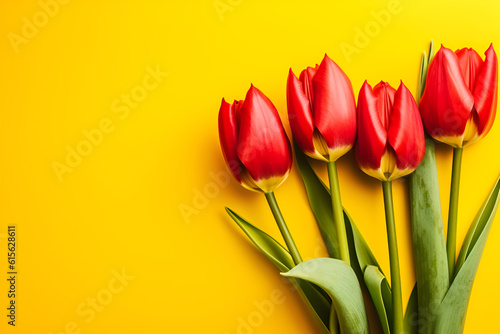 Orange tulips over yellow surface, easter. birthday, mother day greeting card concept with copy space. top view, flat lay. for banner