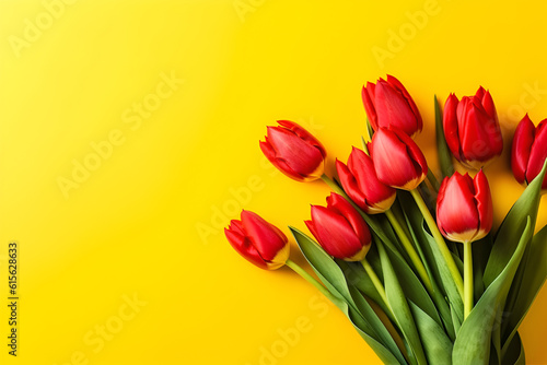 Fototapeta Naklejka Na Ścianę i Meble -  Orange tulips over yellow surface, easter. birthday, mother day greeting card concept with copy space. top view, flat lay. for banner