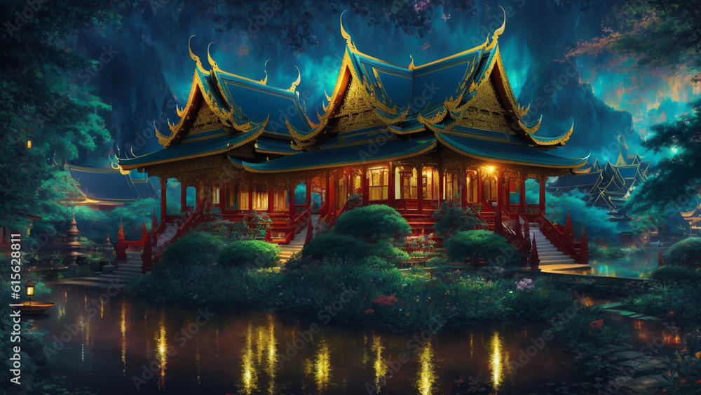 Fototapeta premium Beautiful temple among the mountains in night atmosphere.