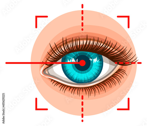 Laser eye surgery, vision correction by light ray medical procedure, sight focus, ophthalmology clinic icon. Myopia cataract disease treatment. Eyesight diagnostic test. Retina scan technology. Vector