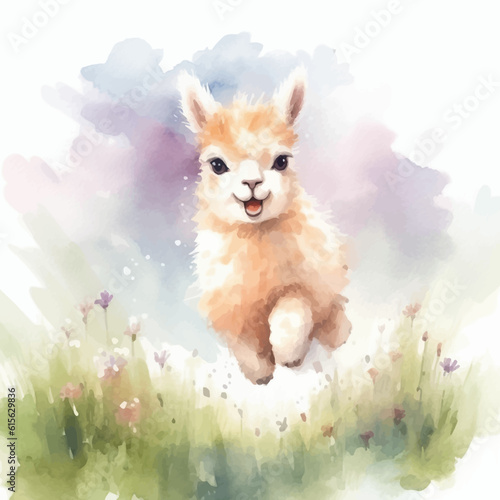 Cute alpaca cartoon in watercolor painting style