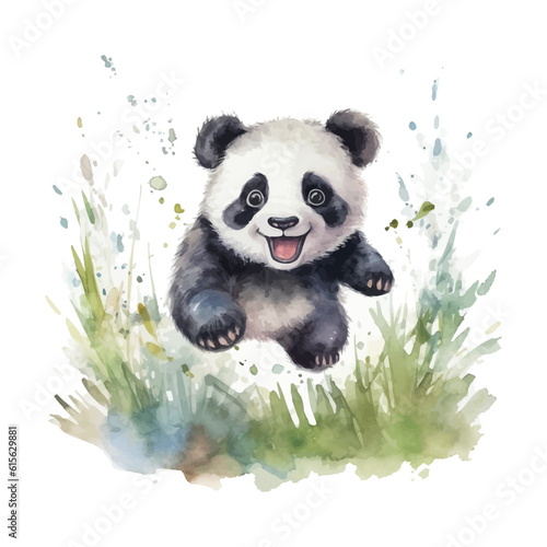 Cute baby panda cartoon in watercolor painting style