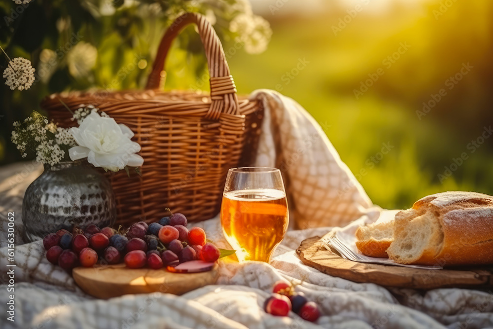 Picnic set with fruit, cheese, toast, honey, wine with a wicker basket and a blanket. Beautiful summer background with girl and products on nature, generative ai