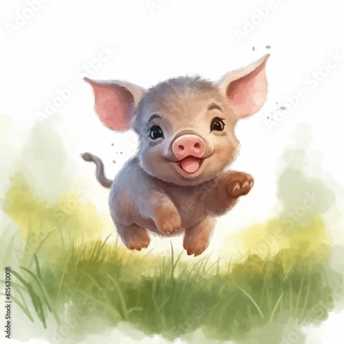 Cute little pig cartoon in watercolor painting style