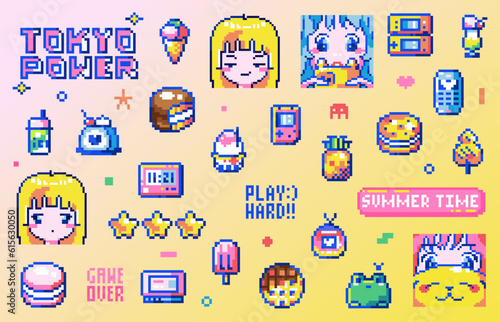 Summer Pixel Sticker Set. Y2K 8 Bit Pixel Art Set Featuring Cute Kawaii Elements - Anime Girl, Ice Cream, Cake, Cookie, Frog, Pineapple, Street Food, Syrup Ice, Digital Watch, and Portable Console