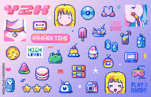 Pixel Art Y2k Geek Sticker Set. 8bit Retro Game Elements Like Vintage Consoles, Sweets, Animals, Anime girls, Cute Summer Objects. Vector summer graphic for game, decoration, stickers, games.