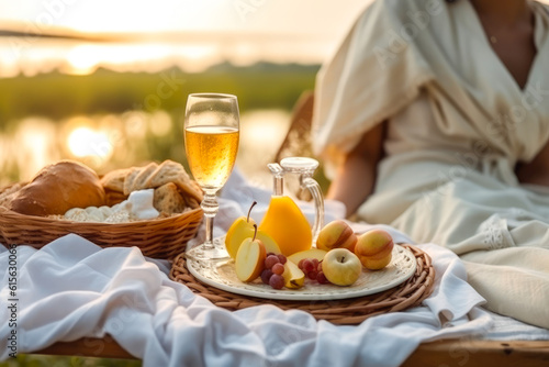 Picnic set with fruit, cheese, toast, honey, wine with a wicker basket and a blanket. Beautiful summer background with girl and products on nature, generative ai