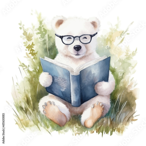 Cute polar bear cartoon reading a book in the grass with watercolor painting style