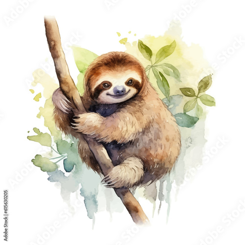 Cute baby sloth cartoon in watercolor painting style