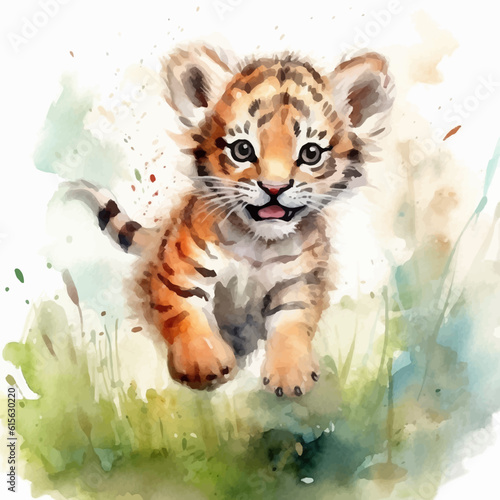 Cute baby tiger cartoon in watercolor style
