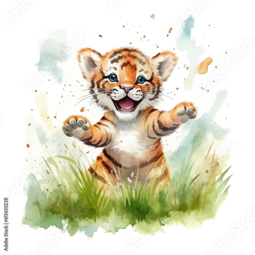 Cute baby tiger cartoon in watercolor style