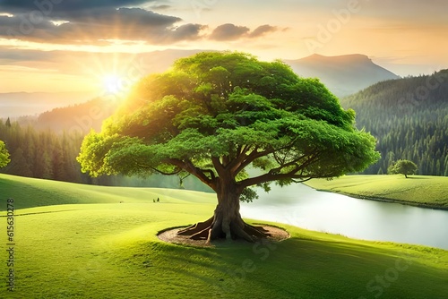 landscape with trees and sun Ganrated AI photo