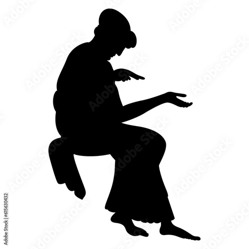 Sitting ancient Greek woman. Vase painting style. Black silhouette on white background.