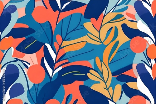 Matisse art background. Abstract natural pattern design with flowers, leaves, branches. Simple illustrated Design for fabric, print, cover, banner, wallpaper, generative ai.