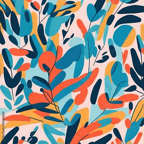 Matisse art background. Abstract natural pattern design with flowers, leaves, branches. Simple illustrated Design for fabric, print, cover, banner, wallpaper, generative ai.