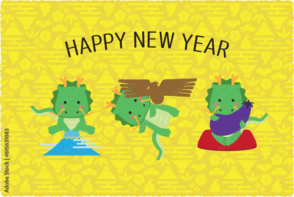 Fototapeta premium Happy New Year 2024年年賀状素材 竜初夢 黄色背景