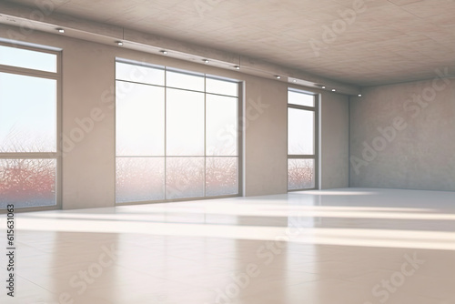 Empty room with white walls and floor  apartment with panoramic windows. Minimalist design