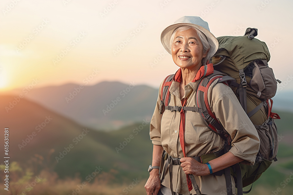 Active retired Asian woman hiking outdoors in mountains in summer
