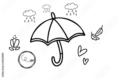 Simple umbrella outline cartoon drawing with rain drops above. Umbrella in the rain outline drawing.