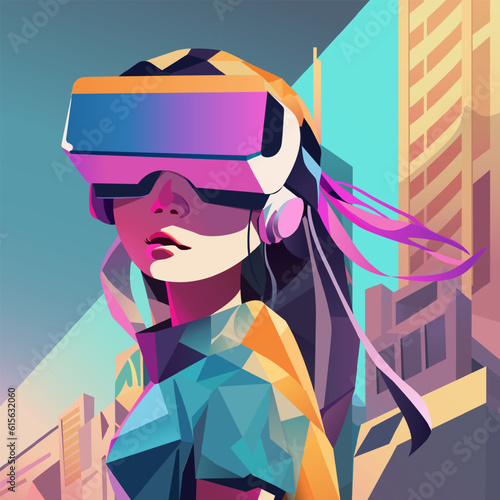 Asian Girl using a VR glasses with a abstract city on background