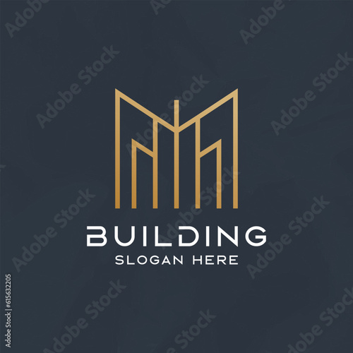 Letter M with building elements vector logo design template.