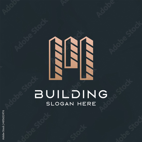 Letter M with building elements vector logo design template.